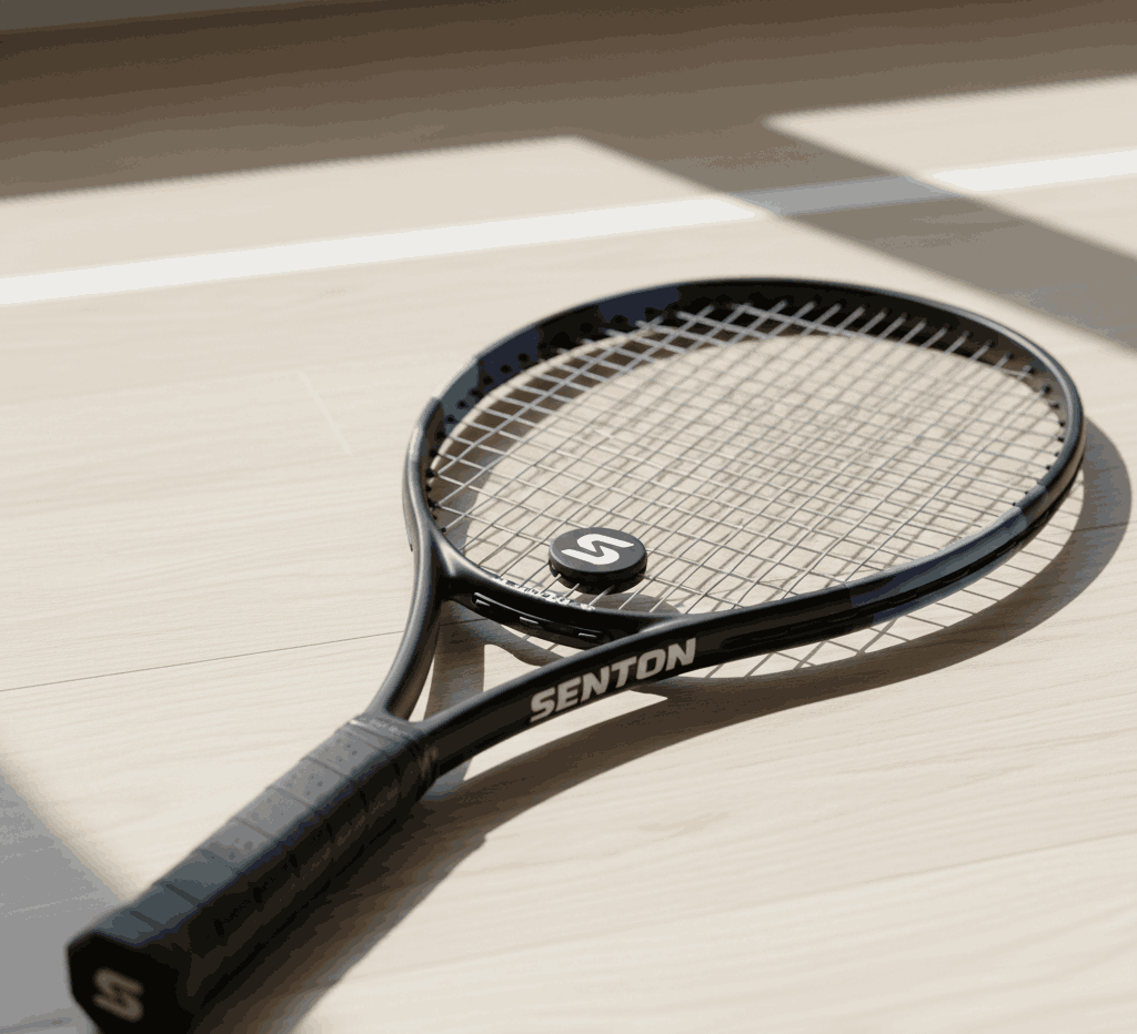 All-black Senton tennis racquet with gray strings on wood floor in natural sunlight