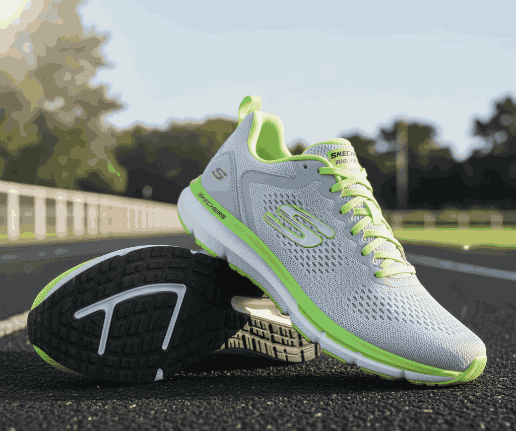 Light gray Skechers running shoes with neon green accents and memory foam on outdoor track