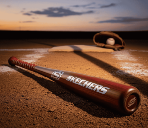 Skechers baseball bat placed on dirt field with glove and ball, highlighting affordable entry-level gear for new players.