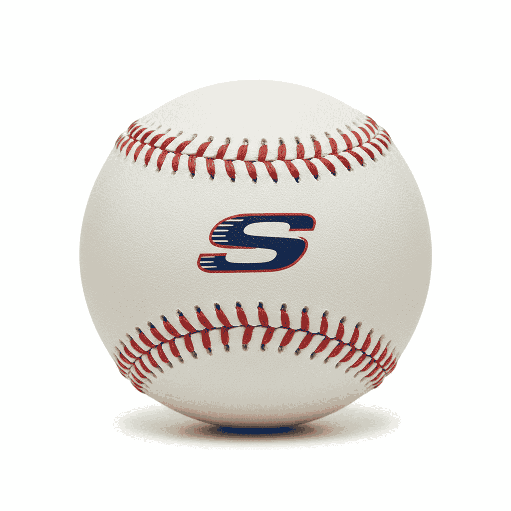 Skechers baseball featuring blue and red logo and stitching on white background