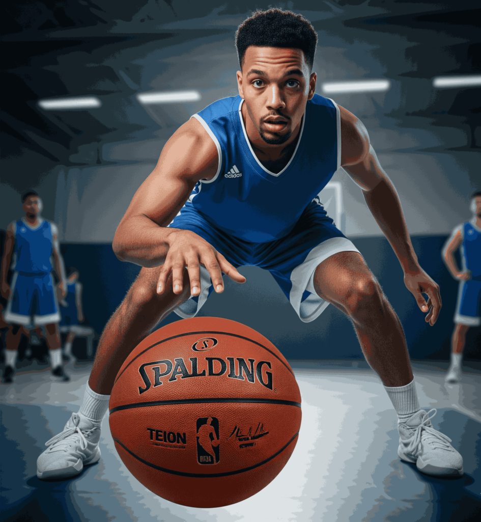 Spalding outdoor basketball in game play with player in blue uniform on indoor court