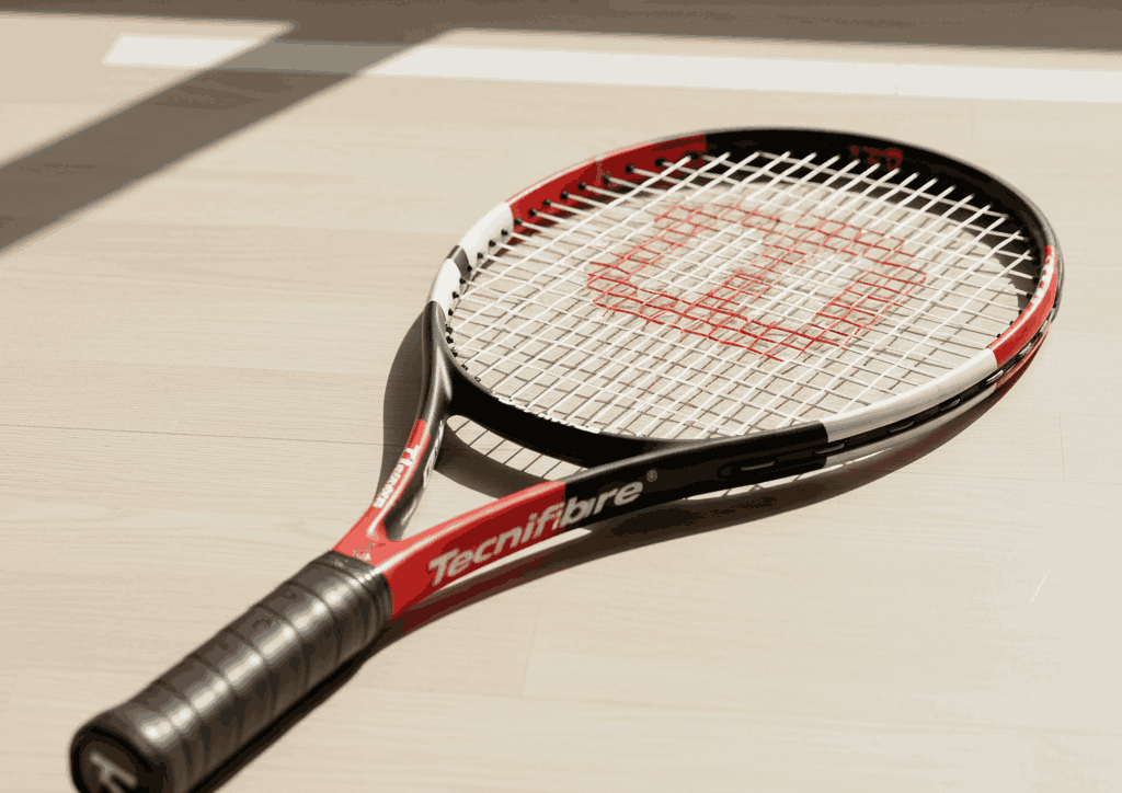 Red, white, and black Tecnifibre tennis racquet with white strings and logo on wood floor in sunlight