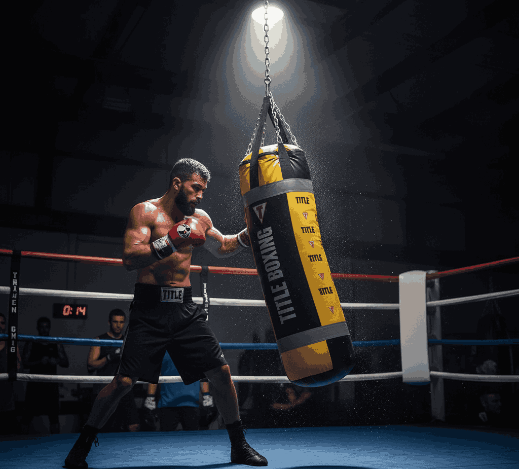Boxer training with Title Boxing double-end bag under spotlight in a boxing ring