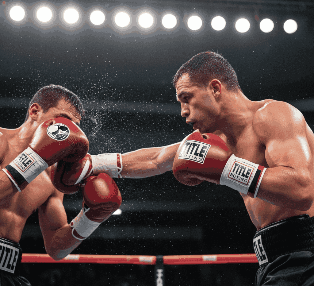 Title Boxing red gloves in action during a boxing match under bright arena lights