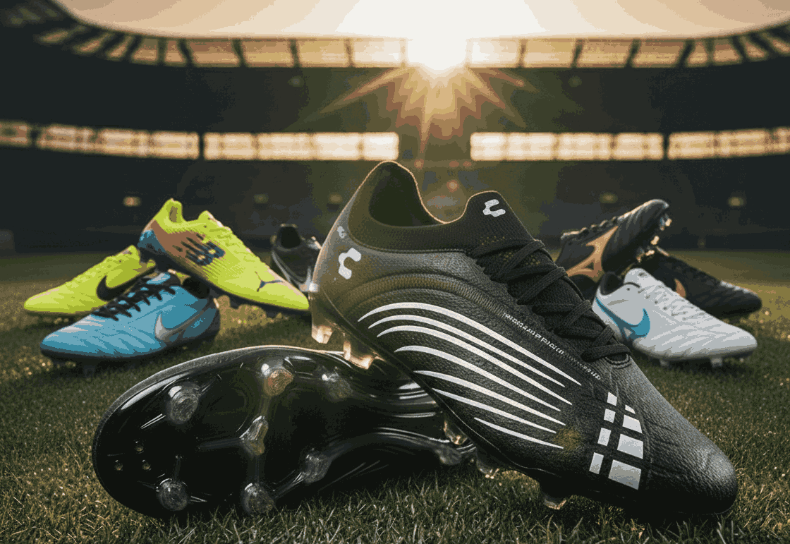 Assorted top soccer shoes by leading brands, including Nike, Adidas, Puma, New Balance, and Charly, displayed on field at sunset
