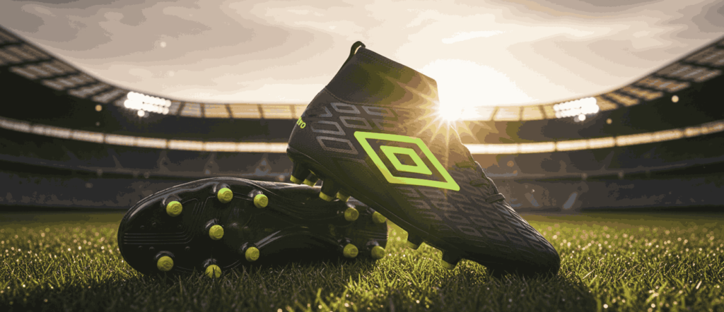 Umbro soccer cleats in black with neon yellow logo, blending classic design with modern ankle support and traction