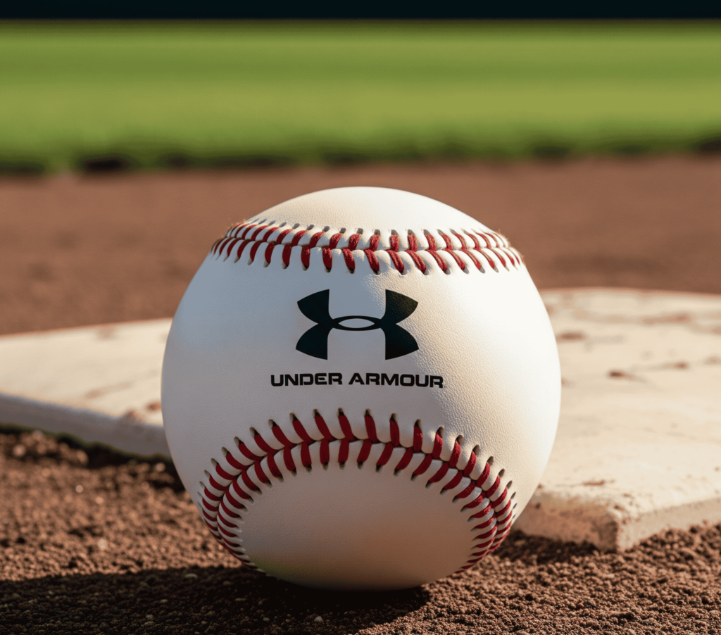 Under Armour baseball sitting on base with red stitching on dirt field.