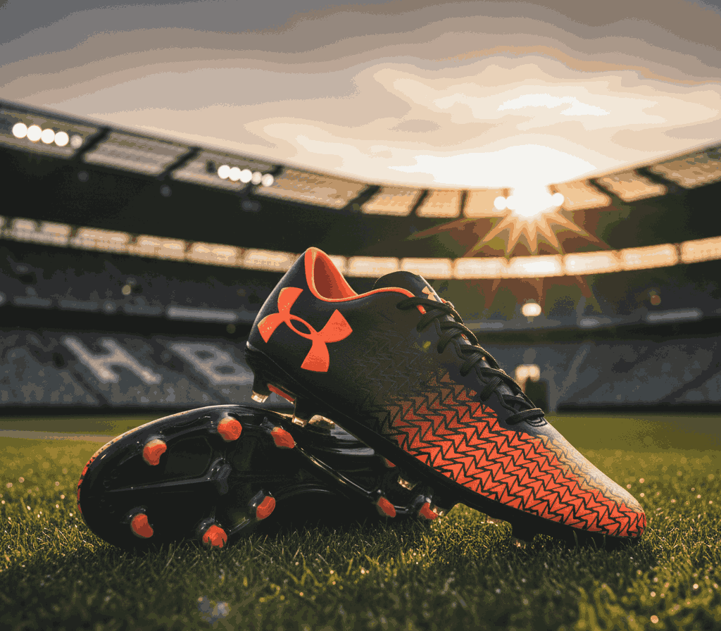 Under Armour soccer cleats in black and orange, featuring carbon fiber outsole and knit upper for agility