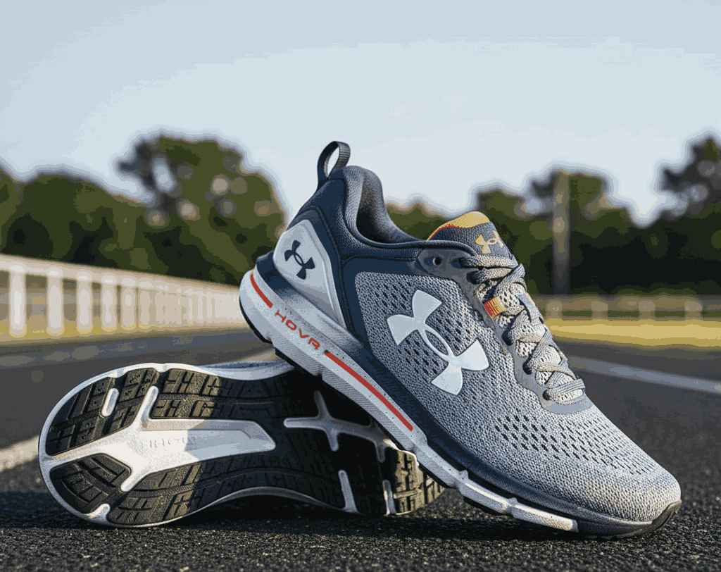 Gray Under Armour running shoes with white logo and black sole on outdoor track