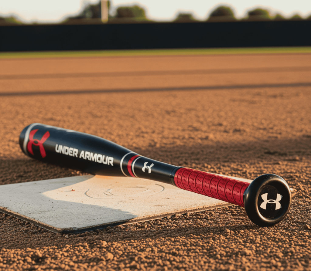 Under Armour baseball bat on home plate, designed for training, practice, and beginner-friendly play.