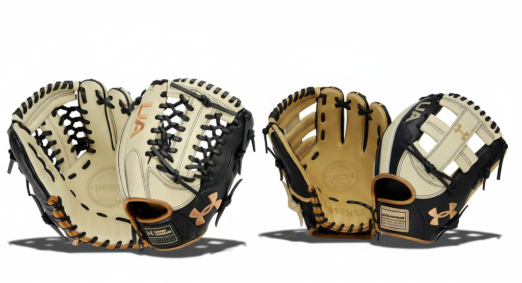 Under Armour baseball gloves in tan and black leather, versatile designs for all-round recreational players