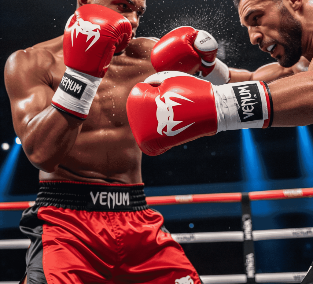 Venum red boxing gloves worn by fighters in a match under arena lights
