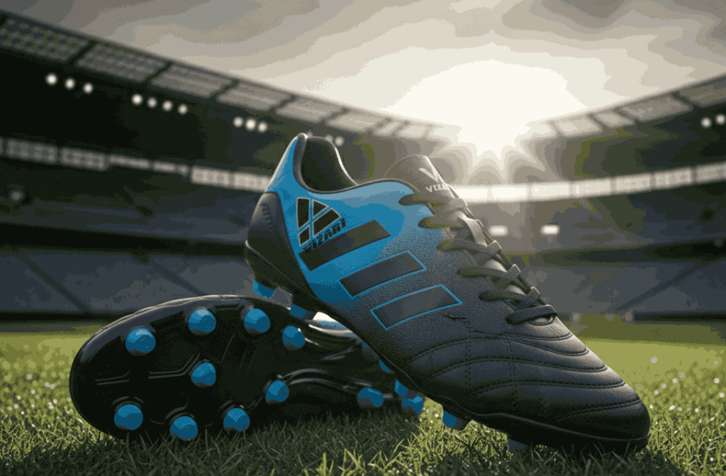Vizari soccer cleats in black and blue, designed for youth players with affordable comfort and reliable traction