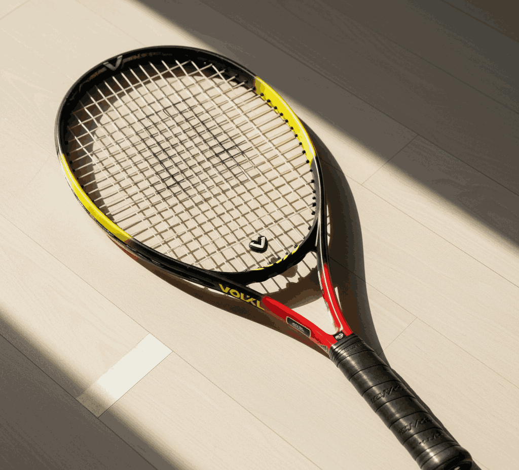 Black, yellow, and red Volkl tennis racquet on light wood floor in natural sunlight