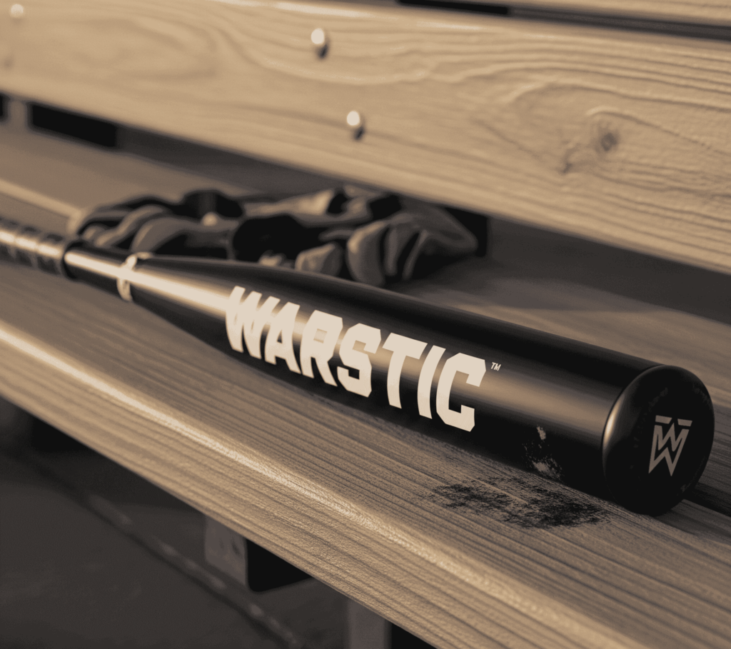 Warstic baseball bat resting on a wooden dugout bench, showcasing its bold branding and stylish design.