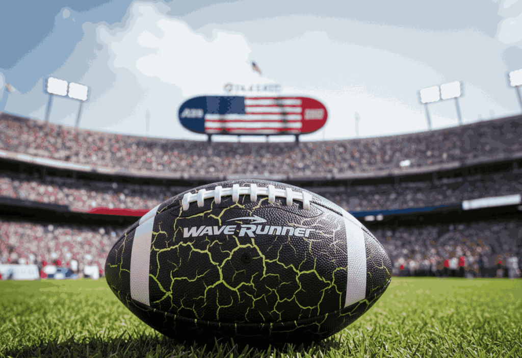Wave Runner waterproof football with neon crackle design on stadium grass