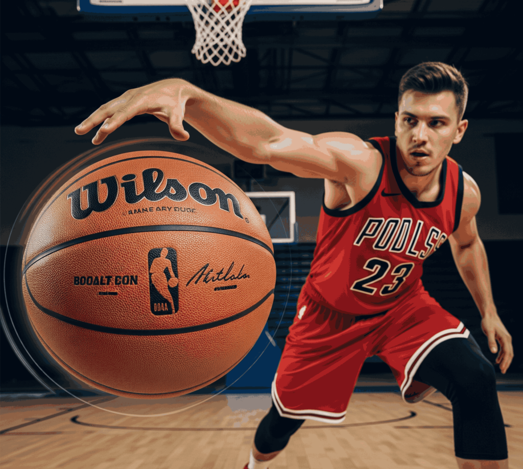 Wilson NBA Official Game Basketball on court with player in red jersey making a fast move