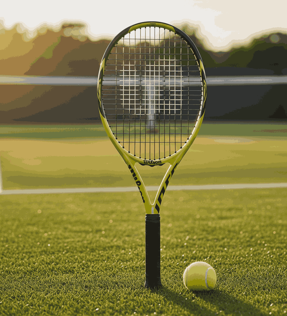 Yellow Wilson tennis racquet standing upright with tennis ball on grass court at sunset