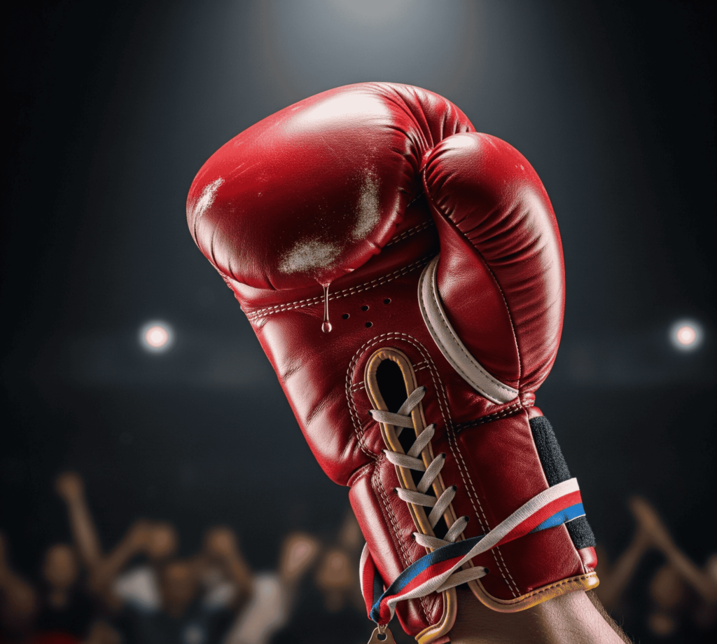 Winning red lace-up boxing glove held up in arena with crowd and spotlight