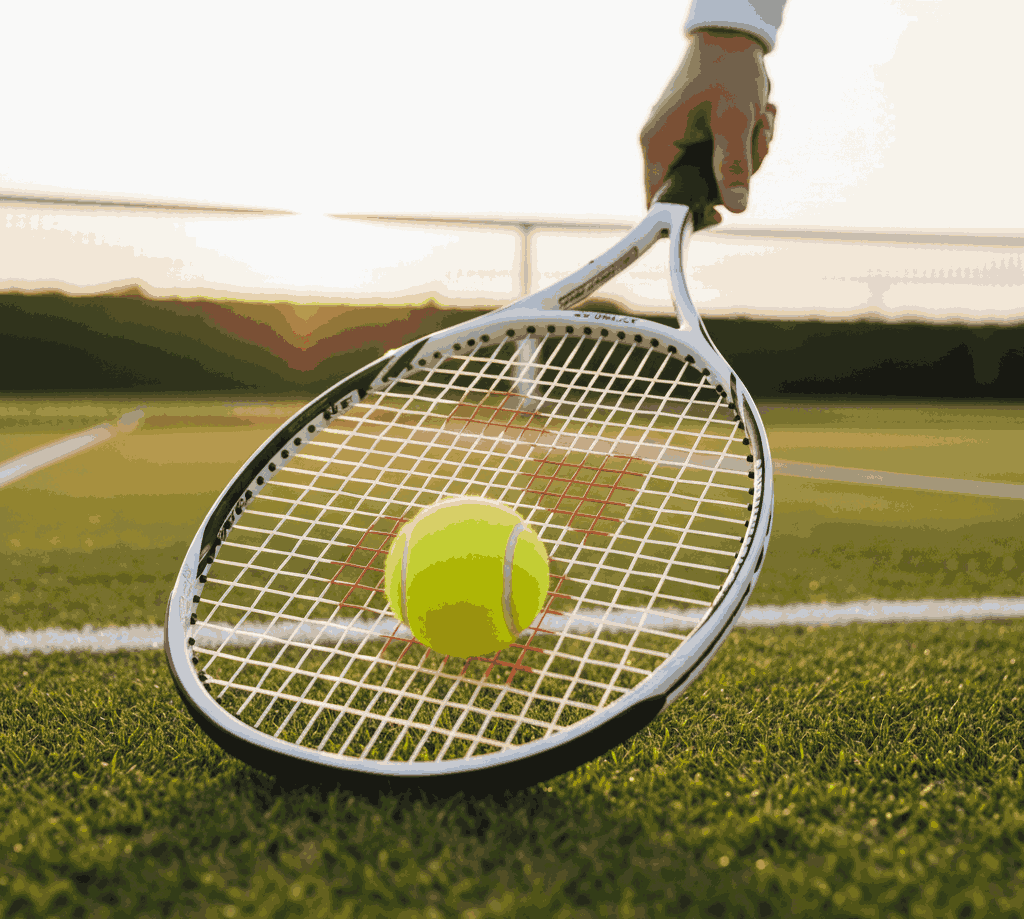 Player in white using a white Yonex tennis racquet to hit a yellow ball on grass court